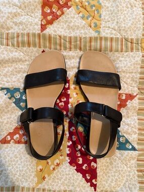 Madeline Black Leather Double-Strap Slide Sandals